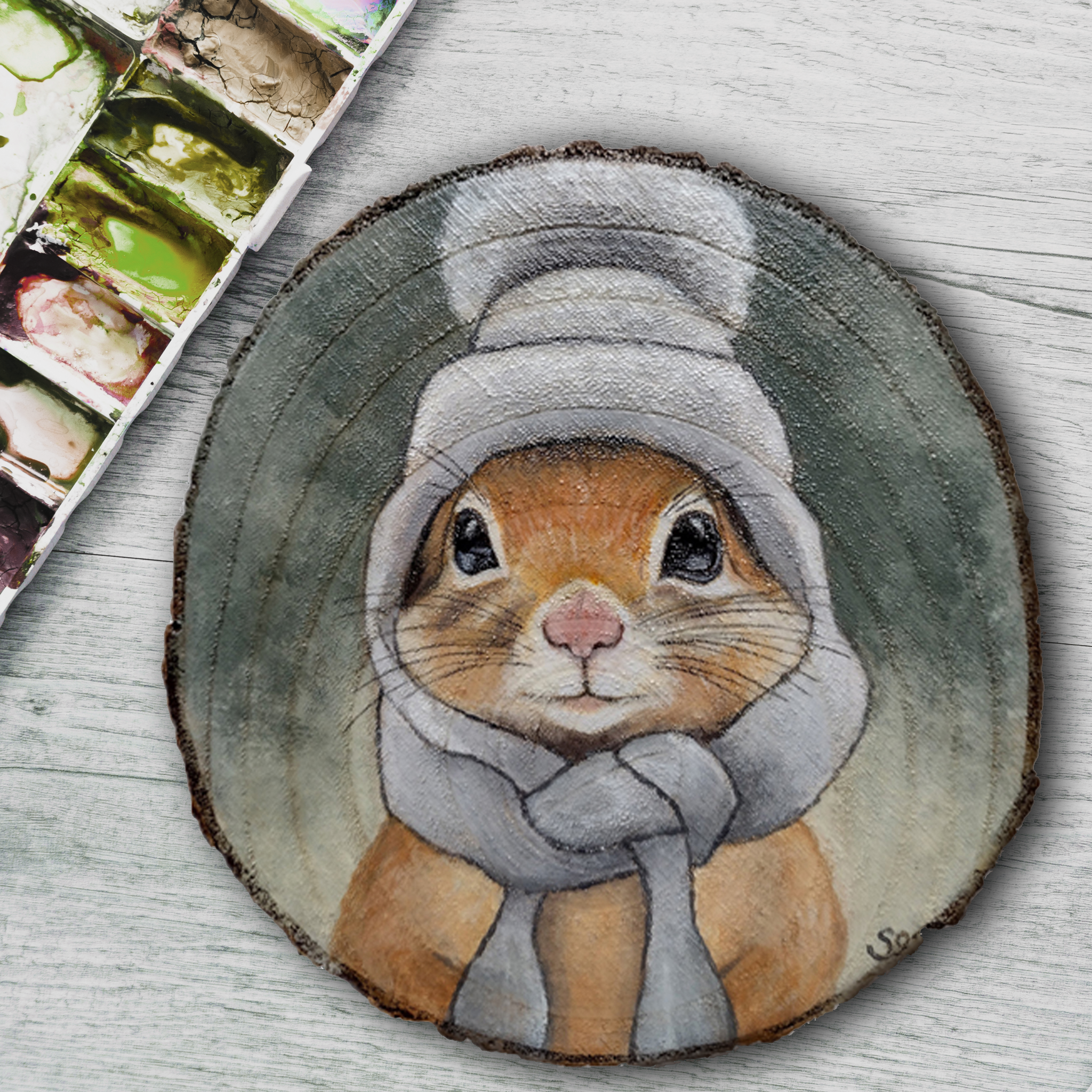 Peinture sur bois, rondin de bois, peint à la main, écureuil mignon